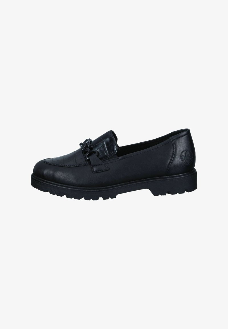 Scarpa slip-on in pelle nera con tomaia textured, dotata di un motivo decorativo a catena, suola robusta e design con punta arrotondata.