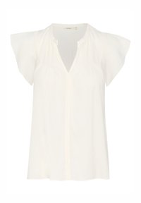 Blusa bianca a maniche corte con scollatura a V, caratterizzata da pieghe sulle spalle e una chiusura con bottoni sul davanti. Tessuto con texture liscia.