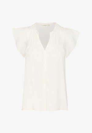 Weiße kurzärmlige Bluse mit V-Ausschnitt, die an den Schultern Falten und eine Knopfleiste vorne hat. Glatte Stoffoberfläche.