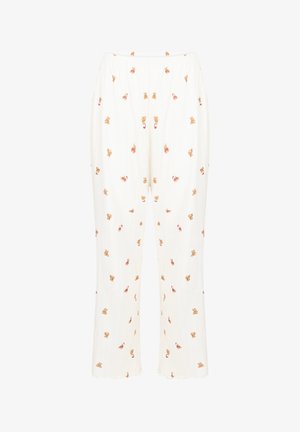 Witte, lichte pyjamabroek met een elastische tailleband, voorzien van verspreide patronen van teddyberen en bloemen. Uitlopende pasvorm met een gegolfde zoom.