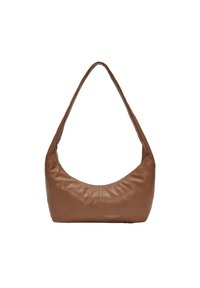 Borsa a spalla in pelle marrone con forma curva e tracolla regolabile, piccolo logo argento "Liebeskind Berlin" al centro anteriore.