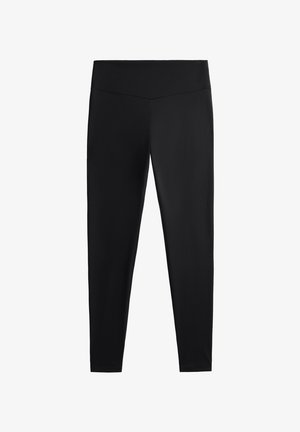 Svarta leggings gjorda av stretchigt, slätt material med bred midjeresår och fotlång längd. Inga synliga sömmar eller mönster.