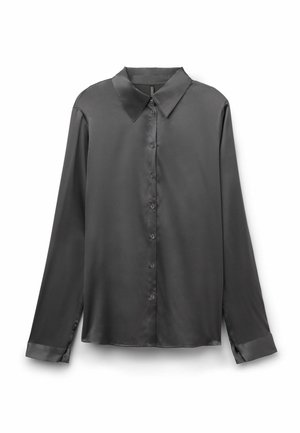 Grijze satijnen langemouwen shirt met een puntkraag, knoopsluiting aan de voorkant en manchetten. Gladde textuur met een subtiele glans.