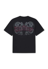 Black t-shirt with gray eagle and snake design on back, overlaid with red cursive text reading Ed Hardy 1971.
