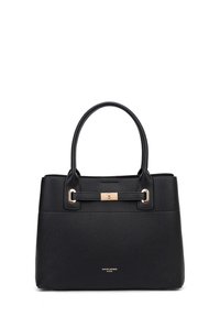 Black textured handbag with two top handles, featuring a sleek design and a gold-tone clasp detail. Logo is displayed on the front.