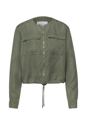 Veste zippée vert olive à manches longues, avec deux poches à rabat sur la poitrine, col rond et ourlet à cordon de serrage.