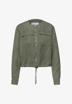 Veste zippée vert olive à manches longues, avec deux poches à rabat sur la poitrine, col rond et ourlet à cordon de serrage.