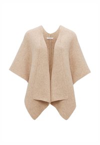 Châle beige en tissu tricoté côtelé. Présente un devant large et des manches courtes, offrant une silhouette décontractée et drapée.