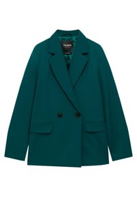 Zielony dwurzędowy żakiet z klapami, czarnymi guzikami, dwoma przednimi kieszeniami i gładką fakturą. Metka: Pull&Bear, Black Label.