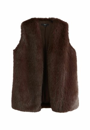 Gilet en fausse fourrure marron avec un design ouvert à l'avant, texture douce et sans manches. Présente une doublure foncée et un éclat subtil.