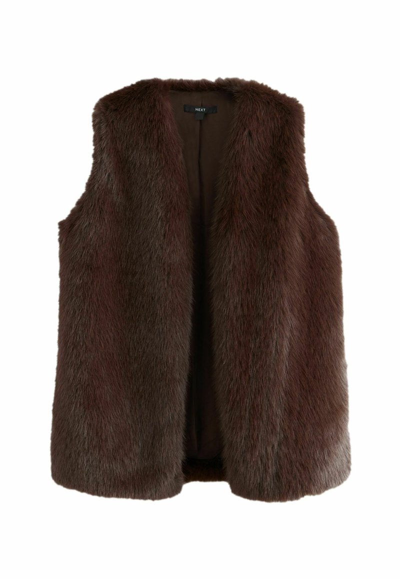 Gilet en fausse fourrure marron avec un design ouvert à l'avant, texture douce et sans manches. Présente une doublure foncée et un éclat subtil.