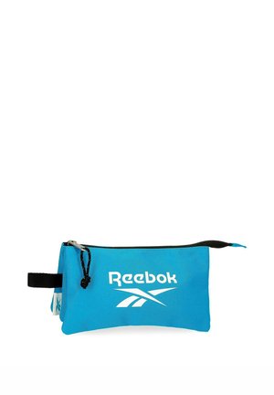 Neceser rectangular azul de Reebok con cremallera negra y lengüeta, con el logo blanco de Reebok centrado en el frente.