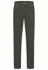 Spodnie sztruksowe w oliwkowej zieleni o prostym kroju nogawek, z przodu zapinane na guziki oraz posiadające boczne kieszenie, wykonane z wytrzymałej tkaniny.