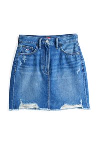 Denim mini skirt, medium blue with distressed hem. Features front pockets and a silver button closure. Soft texture with a faded appearance.