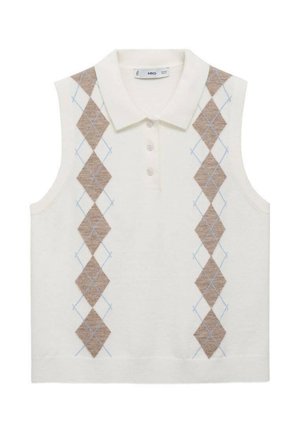 Mouwloze gebreide polo in crèmekleur met een textuur van ruitpatroon in bruin en lichtblauw. Heeft een klassieke kraag en drie knopen.