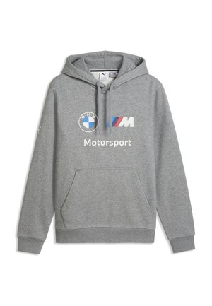 Grå hættetrøje med BMW-logo, M's trefarvede stribe og "Motorsport" tekst foran, med en frontlomme og snøretræk i hætten.