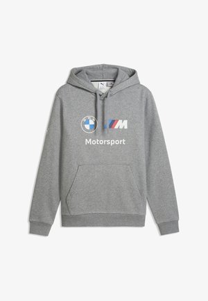 Grauer Hoodie mit BMW-Logo, M-Tricolor-Streifen und "Motorsport" Schriftzug vorne, mit Fronttasche und Kordelzug an der Kapuze.