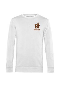 Sweatshirt à manches longues blanc en tissu doux avec un graphique marron comportant la lettre 'B' et le mot "BROWN" sur la zone gauche de la poitrine.