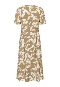 Robe midi beige avec un motif floral feuillu blanc, manches courtes et jupe légèrement évasée, vue de dos.