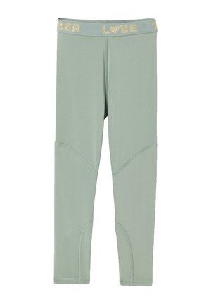 Light green full-length leggings with gold elastic waistband featuring the words "LOVE" and decorative stitching on legs.