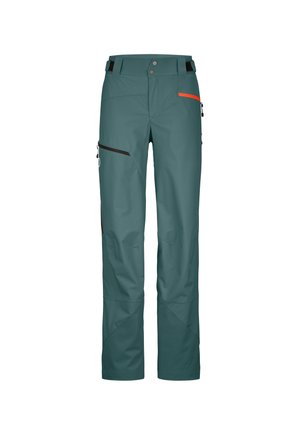 Türkisfarbene wasserdichte Hosen mit geradem Schnitt, ausgestattet mit Reißverschlusstaschen, Kontrastakzenten in Orange und Schwarz sowie strapazierfähigem Gewebe.