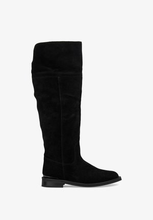 Black suede over-the-knee boots with a flat sole, rounded toe, and soft texture. Seam detailing along the sides.