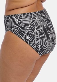 Černé plavky s bílým vzorem listů, s vysokým pasem a hladkým povrchem, vhodné pro různé typy postavy.