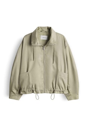 Leicht beige legere Jacke mit durchgehendem Frontreißverschluss, weitem Kragen, zwei Fronttaschen, langen Ärmeln und verstellbaren Kordeln am Saum.