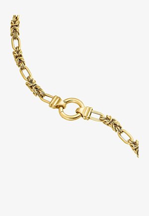 Collar de cadena de oro que presenta eslabones ovalados y redondos interconectados con un cierre circular. Textura suave con acabado pulido, que destaca un diseño limpio.