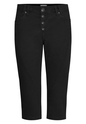 Pantaloni capri neri con chiusura frontale a cinque bottoni, cuciture laterali curve e un tessuto morbido e elastico per il comfort.