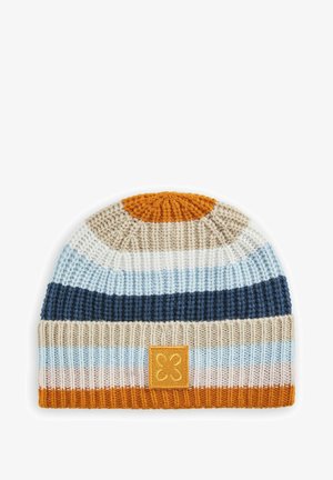 Gestrickte Mütze mit horizontalen Streifen in Blau, Beige und Orange. Verfügt über ein strukturiertes Rippdesign und ein quadratisches Logoschild.