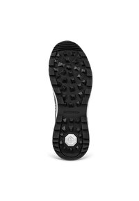 Black rubber shoe sole featuring a textured tread with various patterns, central logo detail, and a smooth edge design.