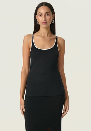 Schwarzes Tanktop mit geripptem Stoff, ausgestattet mit schmalen Trägern und weißen Akzenten am Ausschnitt. Einfaches, figurbetontes Design ohne Verzierungen.