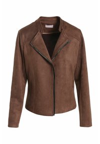 Ruskea tekoturkki takki, jossa on vetoketju, epäsymmetrinen kaulus ja pitkät hihat. Suuri materiaali ja minimalistinen muotoilu.