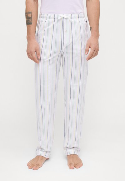 Pantaloni albi cu dungi, având dungi verticale multicolore, talie elastică cu șnur și detaliu cu nasture în față.