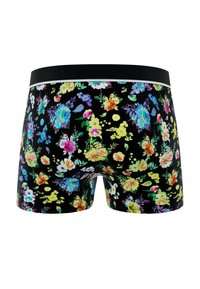 Shorts en boxeur à motifs floraux sur fond noir, avec des couleurs vives et une ceinture noire unie. Matériau extensible pour le confort.