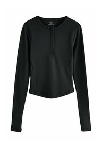 Czarny długi rękaw top wykonany z prążkowanego materiału z dekoltem henley, z plisą guzikową i krojem cropped.