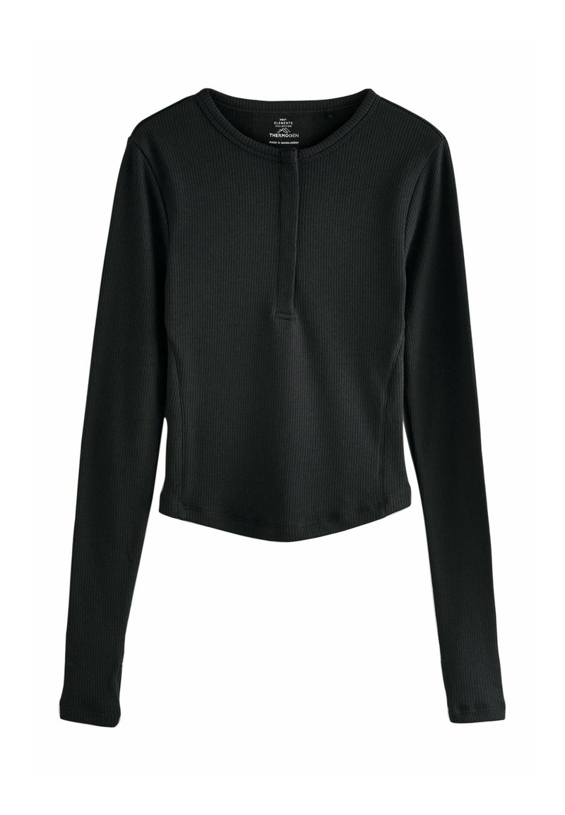 Czarny długi rękaw top wykonany z prążkowanego materiału z dekoltem henley, z plisą guzikową i krojem cropped.