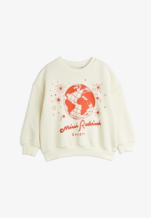 Crème-kleurige sweatshirt met oversized pasvorm. Bevat een rode wereldbolgrafiek en sterren, met de tekst "Mini Rodini Society" eronder. Ribgebreide manchetten en zoom.