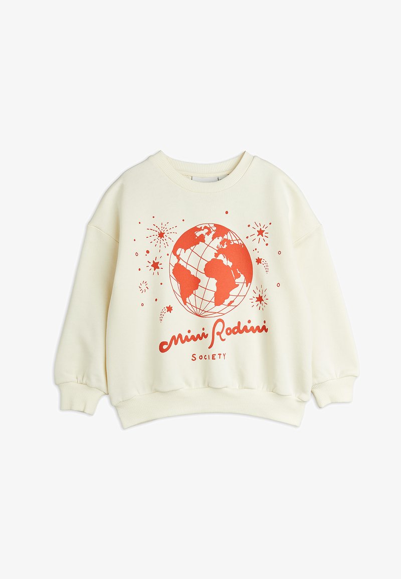 Sweatshirt creme com um corte oversized. Apresenta uma graphic de um globo vermelho e estrelas, com o texto "Mini Rodini Society" abaixo. Punhos e barra canelados.