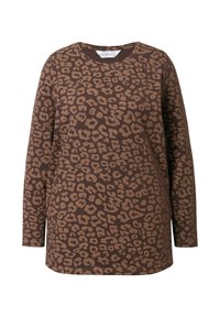 Haut à manches longues marron avec un motif léopard dans des tons de marron plus foncé et beige. Matière douce avec une coupe décontractée et un encerclement arrondi.