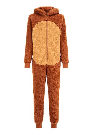Brun og tan fleece heldragt med hætte, foran lynlås og manchetter ved håndled og ankler, der ligner en bamse-dragt.