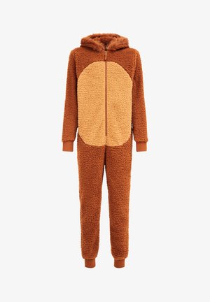 Pyjama une pièce en polaire marron et beige avec capuche, fermeture éclair à l’avant, poignets et chevilles élastiqués, ressemblant à un costume d’ours en peluche.