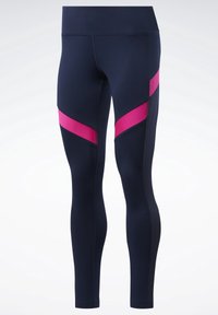 Granatowe legginsy sportowe z różowymi akcentami i teksturowanymi detalami po bokach. Wykonane z elastycznego materiału zapewniającego wygodę i swobodę ruchów.