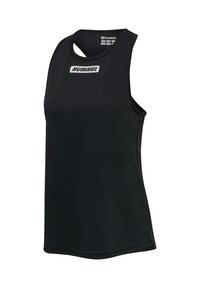 Schwarzes ärmelloses sportliches Tanktop mit "HUMMEL"-Logo, zentriert nahe am Ausschnitt, mit Racerback-Design.