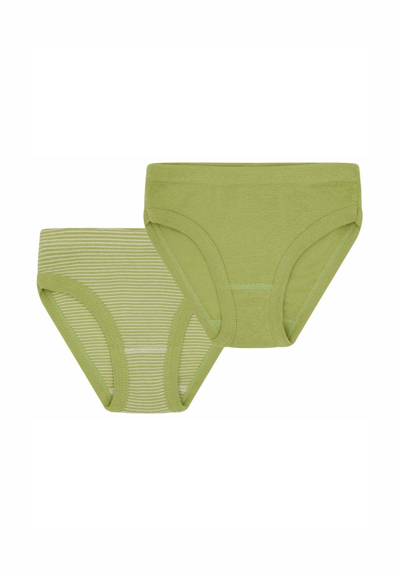 Set di slip in cotone verde, uno a tinta unita e uno con righe verde e bianche, caratterizzati da bordi lisci e vita elastica.