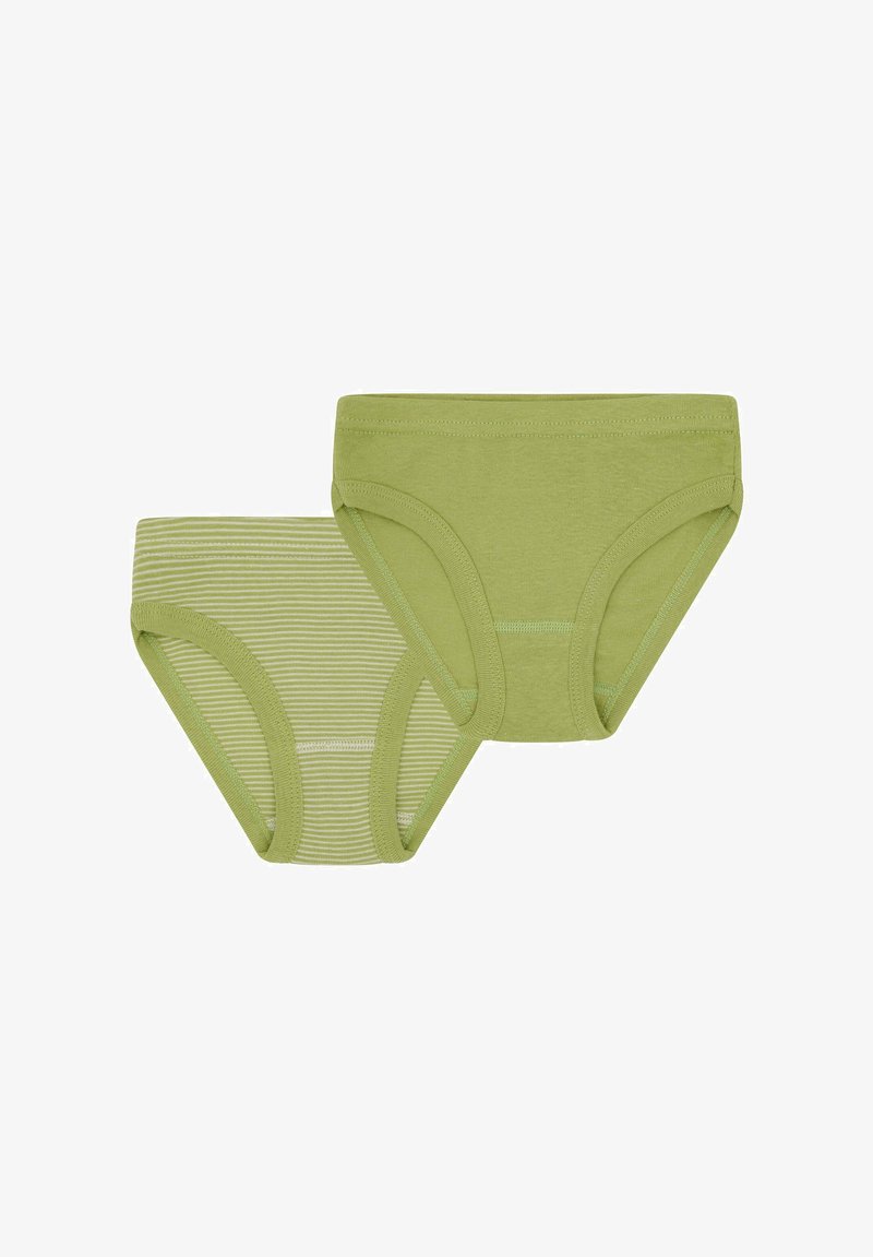 Green cotton briefs set, one solid and one with green and white stripes, featuring smooth edges and elastic waistband.