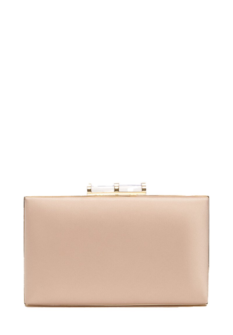 Bežová saténová kabelka s obdĺžnikovým tvarom, so zlatým uzáverom a akrylovými akcentmi. Hladká textura a minimalistický design.