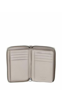 Portefeuille en cuir beige clair avec fermeture éclair, emplacements intérieurs pour cartes et nom de la marque embossé. Texture lisse, forme rectangulaire.