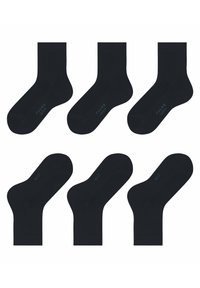 Seks par sorte sokker. Hver sok indeholder en ribbet manchet og en glat struktur. Lyseblå branding på sålen læser "FALKE FAMILY."